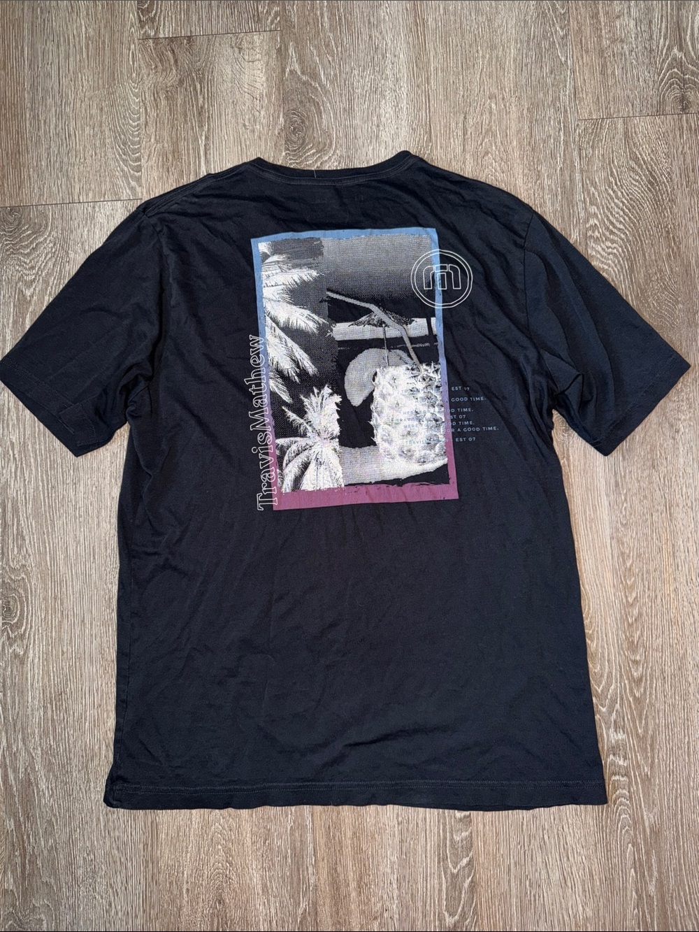 Travis Mathew Black Short-Sleeve Tee with Tropical Back Graphic large